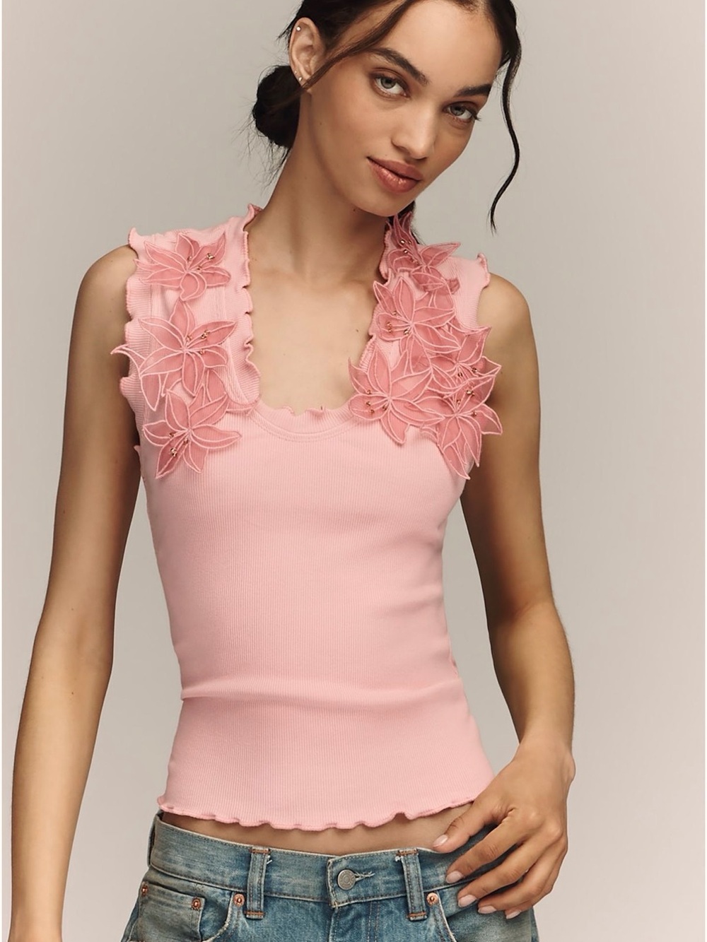 Women’s Pink Floral Appliqué Floral Sleeveless Top By Anthropologie